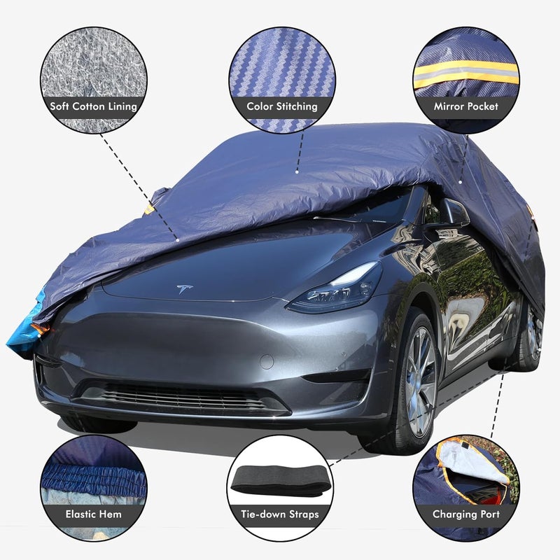 DINGHAO Tesla Model Y Car Cover Waterproof All Weather, 6 Layers Outdoor Full Exterior Cover Rain Sun UV Snowproof Protection with Zipper Cotton, Mirror Pocket and Charging Port - Image 2